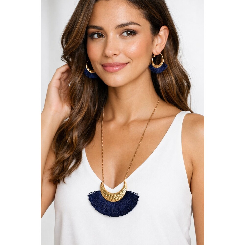 Gold Tone Hammered Metal Navy Blue Fringe Necklace 29" - 32" & Earrings Set - Picture 2 of 8
